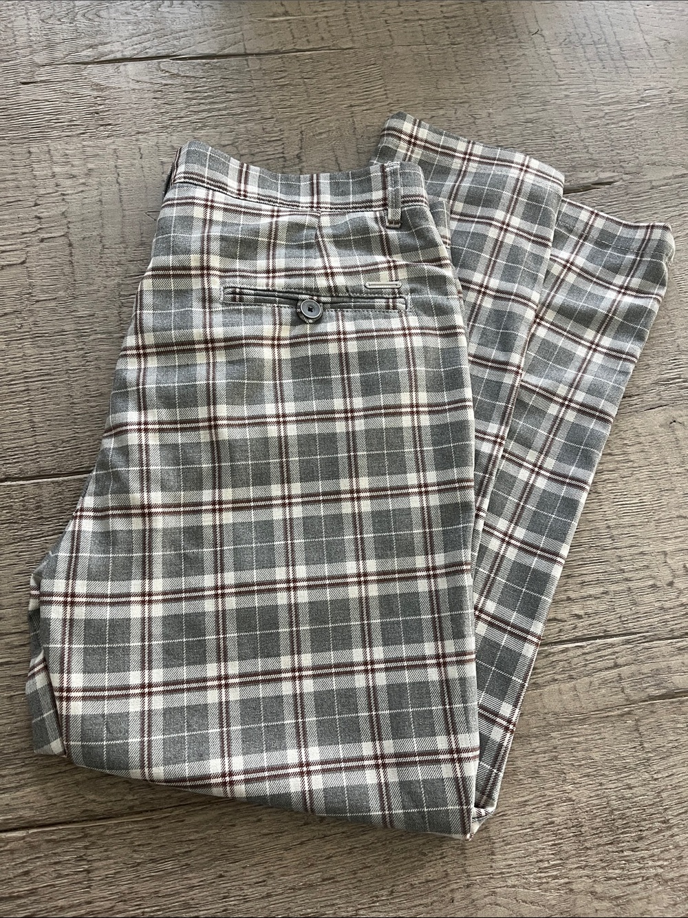 Zara Men's Gray Plaid Chinos with Brown Accent Size 32